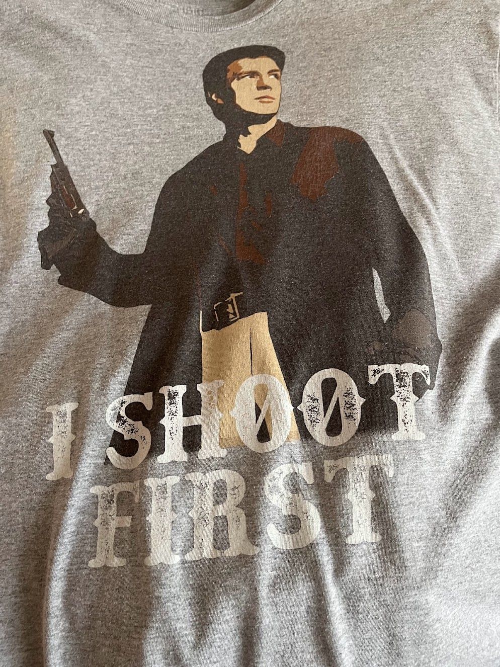 Mal from Firefly t-shirt saying 'I Shoot First'